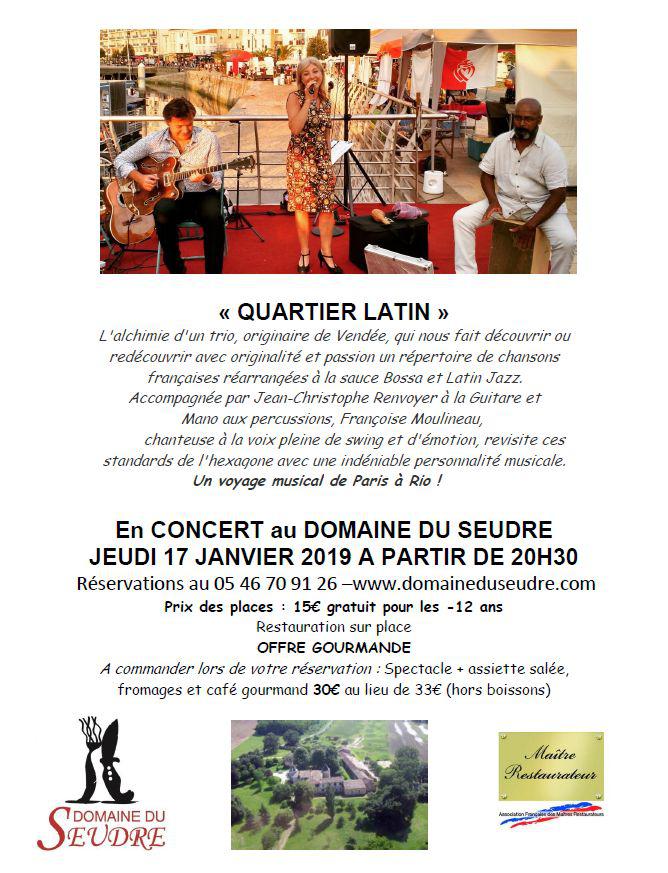 Jeudi 17 janvier 2019, QUARTIER LATIN JAZZ TRIO était en concert au Domaine du Seudre à Saint-Germain-du-Seudre (17). Merci à Carine et David Cardineau pour leur accueil !